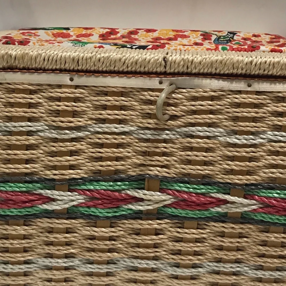 Vintage Birds & Floral Woven Wicker Sewing Basket